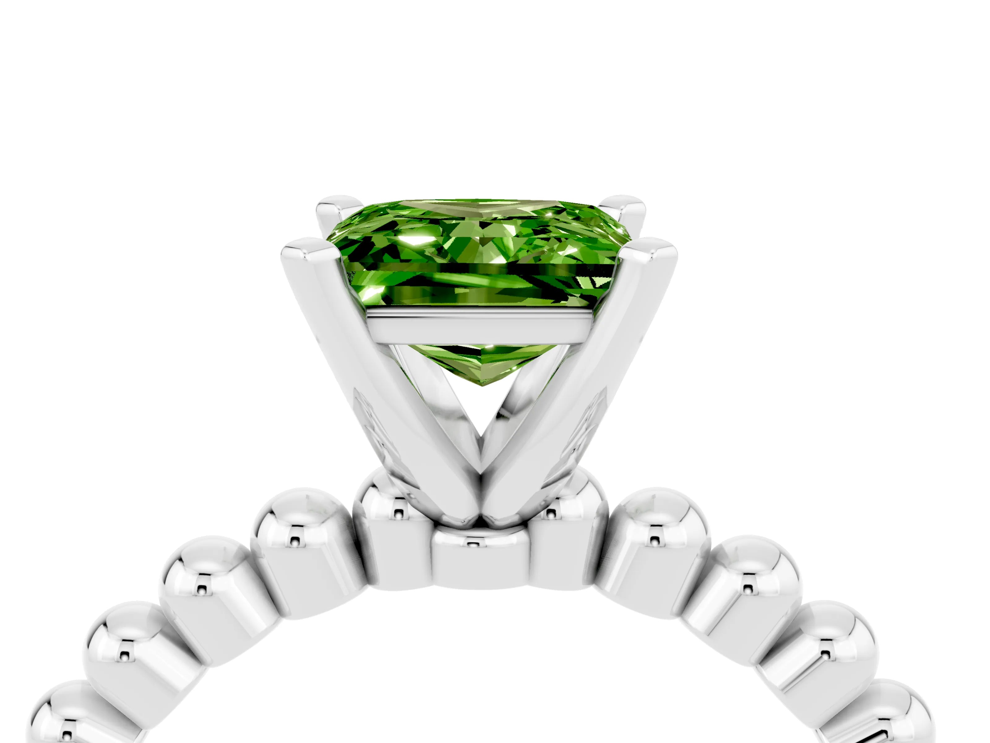 White gold Princess Cut Peridot Solitaire Ring with Beaded Band and Prong Setting_16