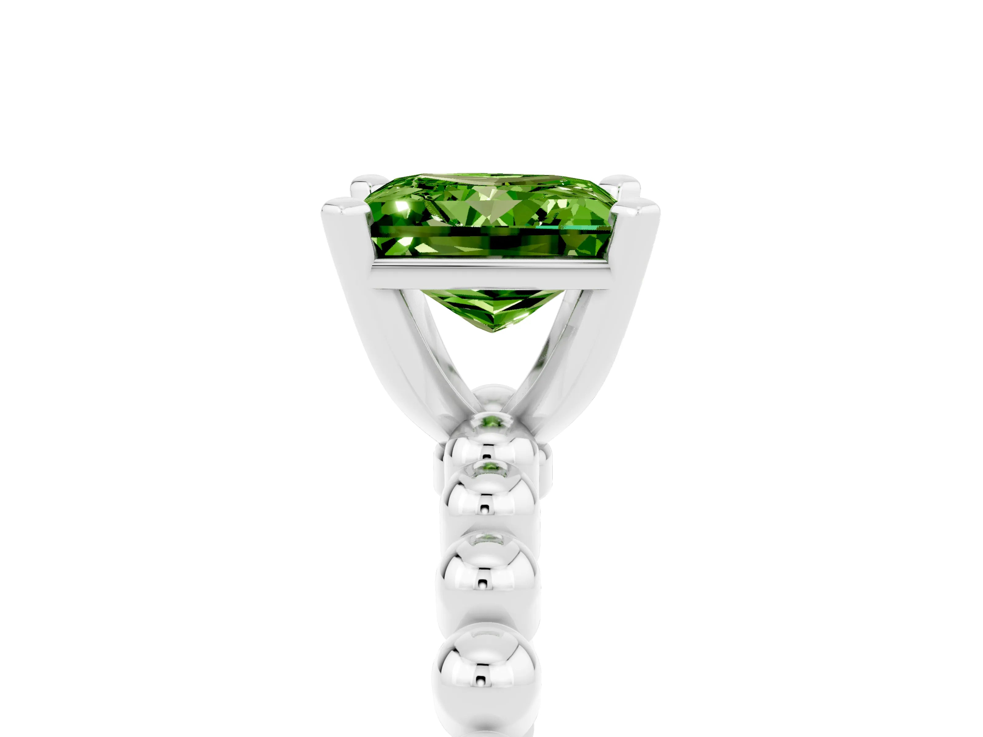 White gold Princess Cut Peridot Solitaire Ring with Beaded Band and Prong Setting_17