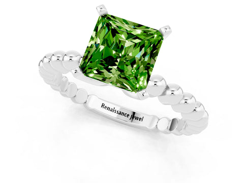 White gold Princess Cut Peridot Solitaire Ring with Beaded Band and Prong Setting_1