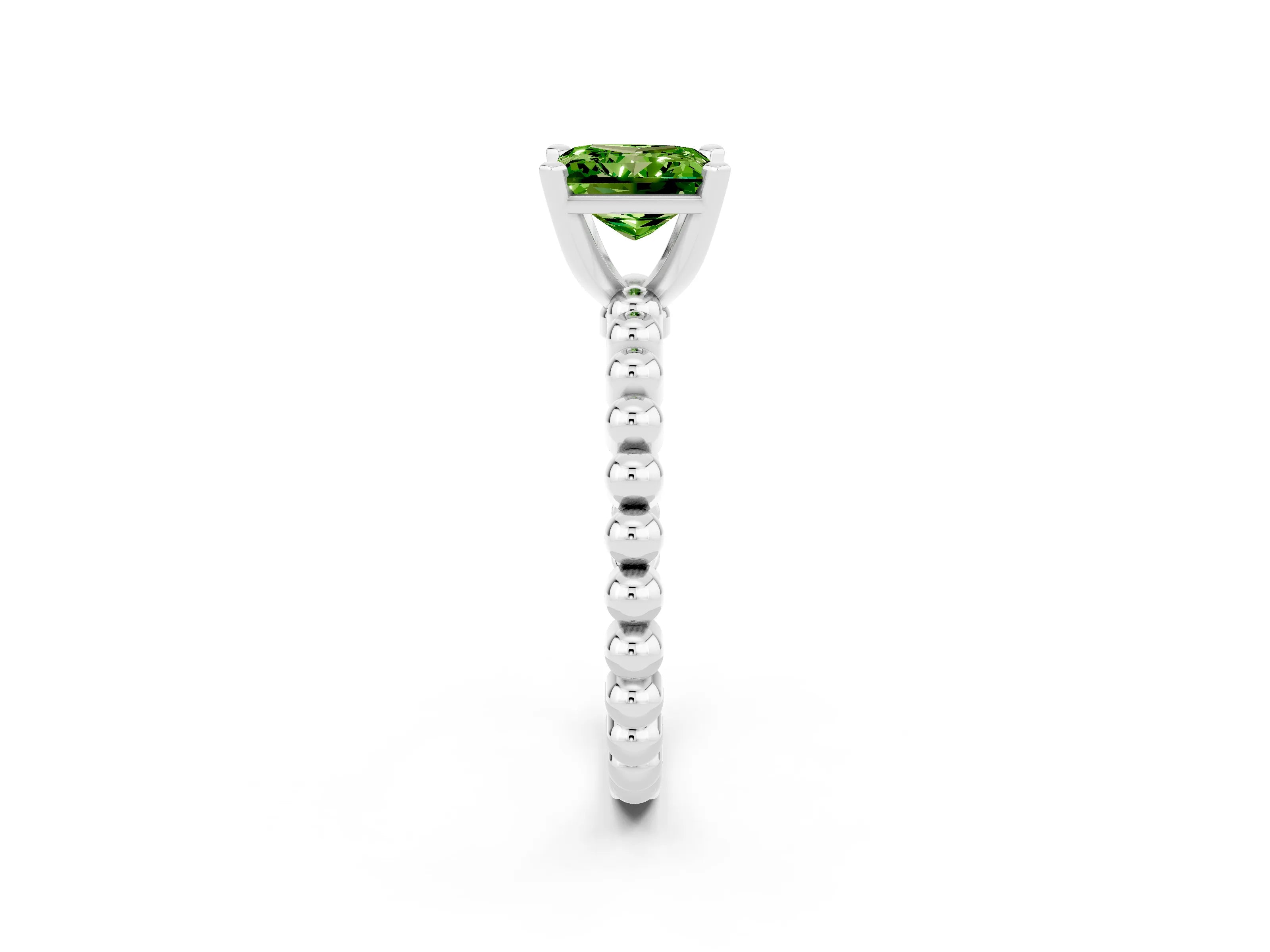White gold Princess Cut Peridot Solitaire Ring with Beaded Band and Prong Setting_2