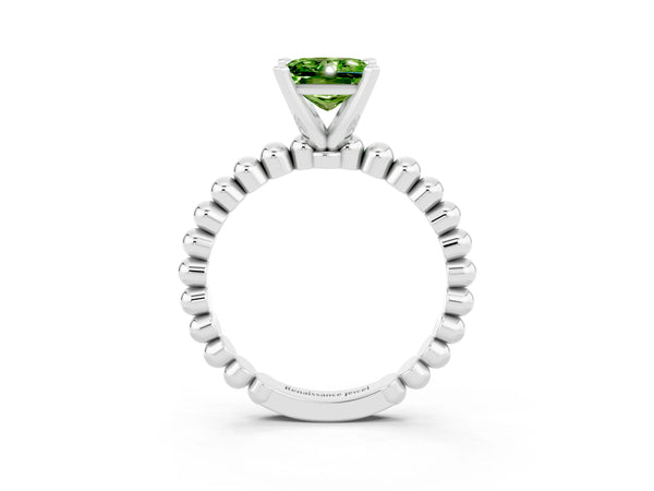 Platinum Princess Cut Peridot Solitaire Ring with Beaded Band and Prong Setting