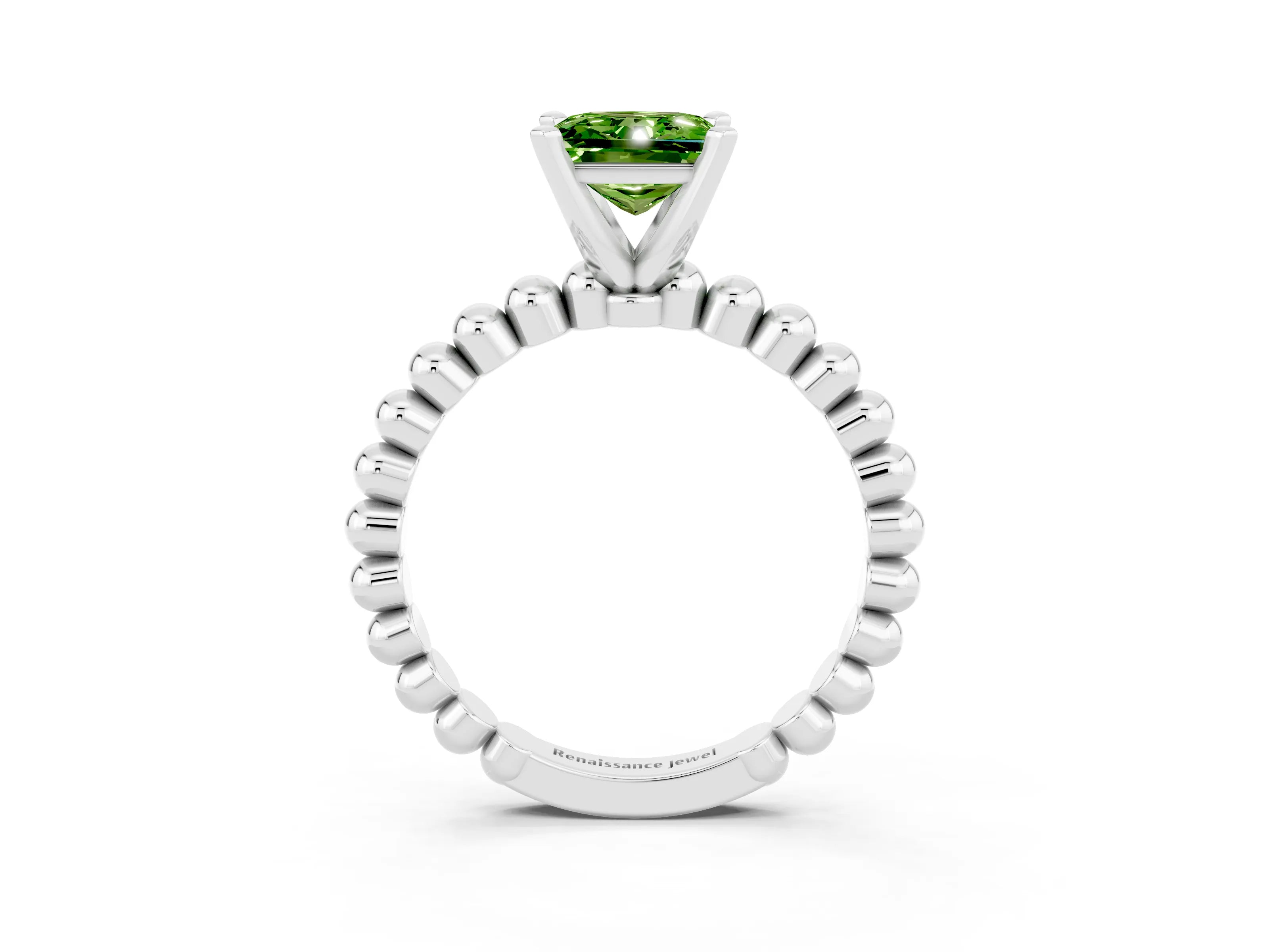 White gold Princess Cut Peridot Solitaire Ring with Beaded Band and Prong Setting_3