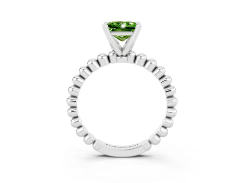 White gold Princess Cut Peridot Solitaire Ring with Beaded Band and Prong Setting_3