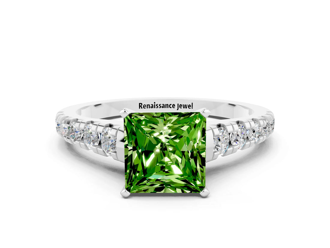 White gold Princess Cut Peridot Solitaire Ring with Cathedral Setting and Pavé Band