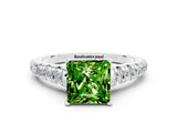 White gold Princess Cut Peridot Solitaire Ring with Cathedral Setting and Pavé Band