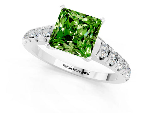 White gold Princess Cut Peridot Solitaire Ring with Cathedral Setting and Pavé Band_1