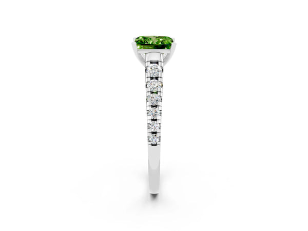 Platinum Princess Cut Peridot Cathedral Solitaire Ring with Round  Pavé Band