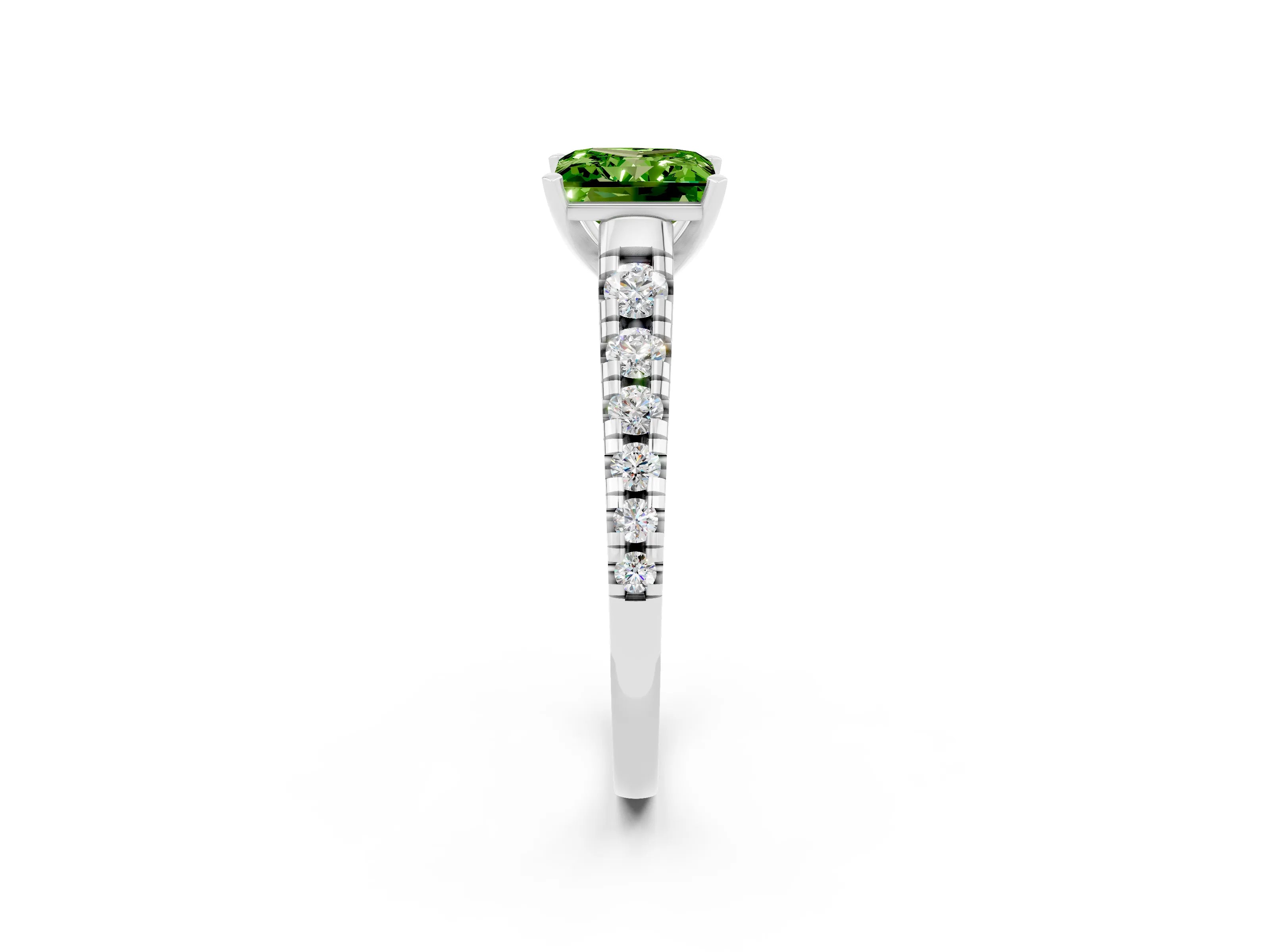 White gold Princess Cut Peridot Solitaire Ring with Cathedral Setting and Pavé Band_2