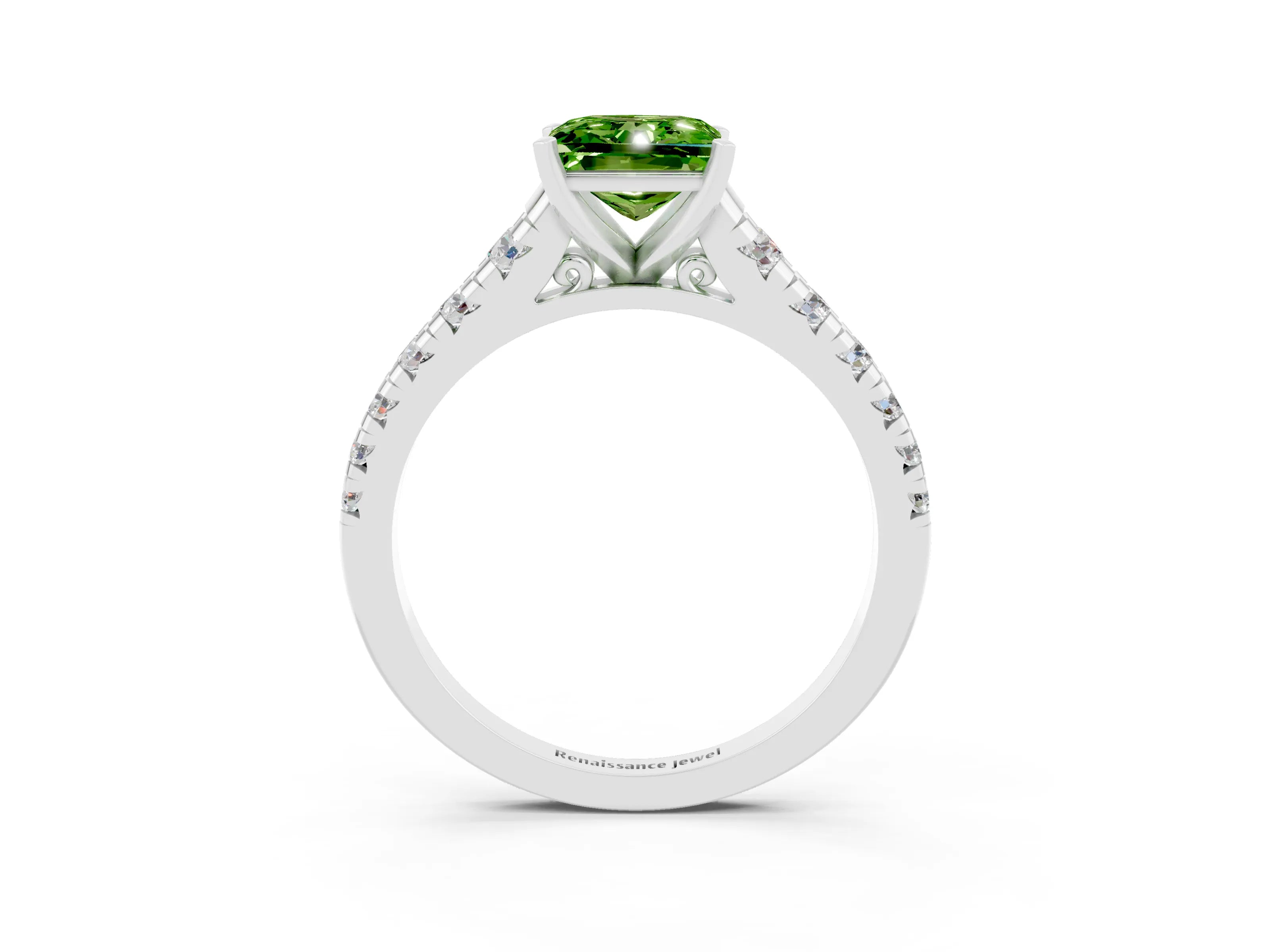 White gold Princess Cut Peridot Solitaire Ring with Cathedral Setting and Pavé Band_3