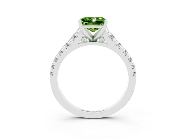 White gold Princess Cut Peridot Cathedral Solitaire Ring with Round  Pavé Band
