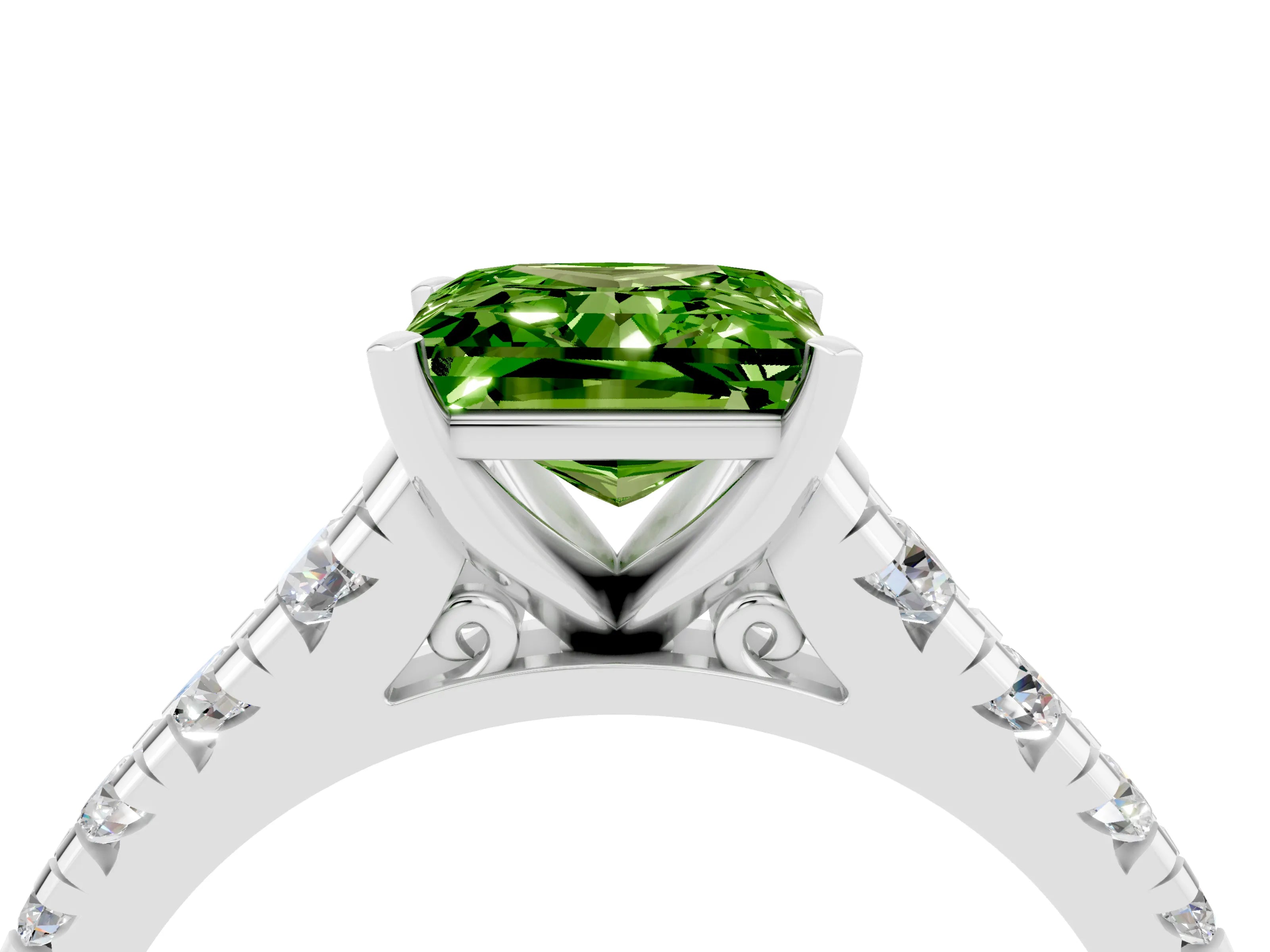 White gold Princess Cut Peridot Solitaire Ring with Cathedral Setting and Pavé Band_4