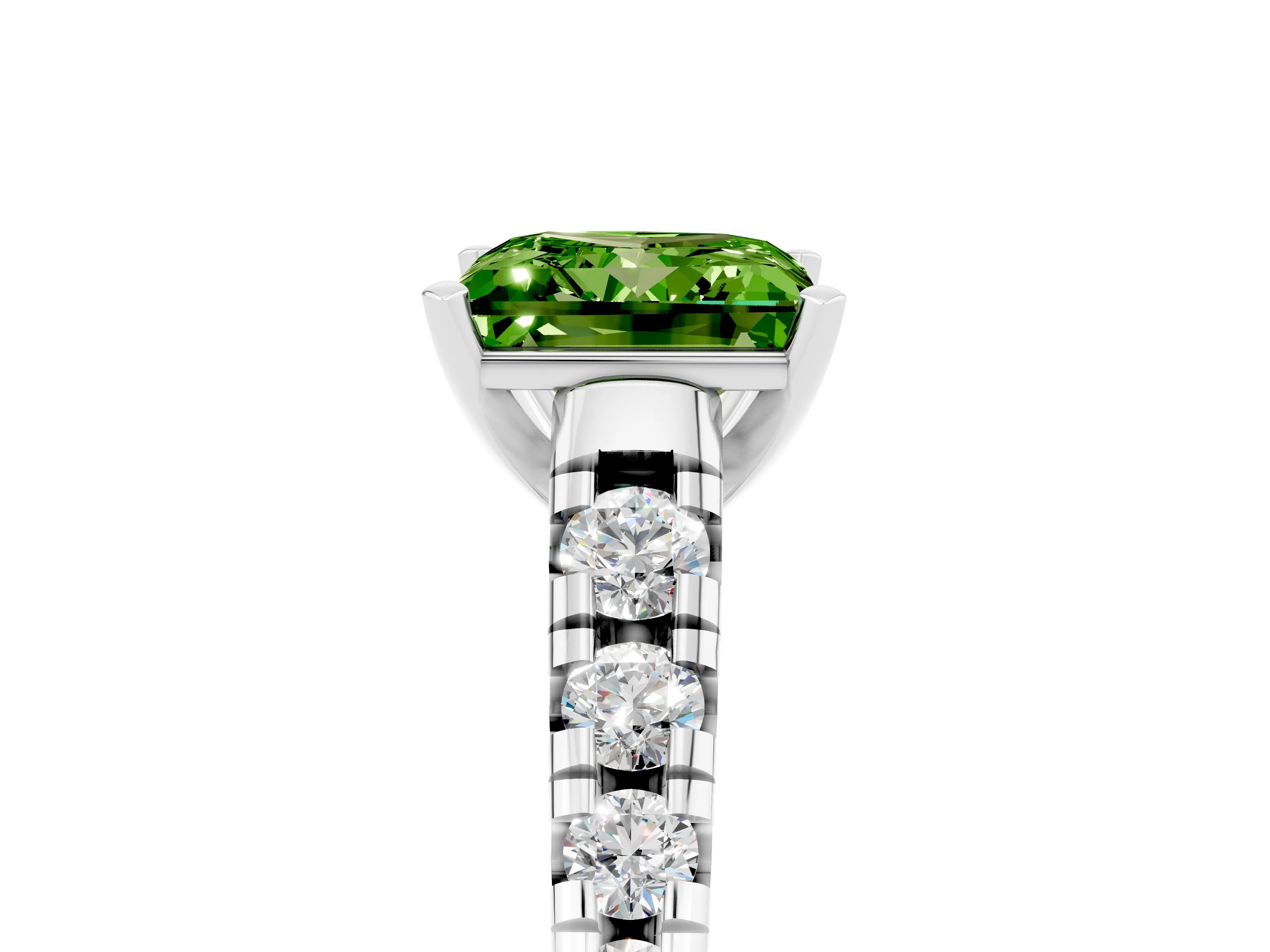 White gold Princess Cut Peridot Solitaire Ring with Cathedral Setting and Pavé Band_5