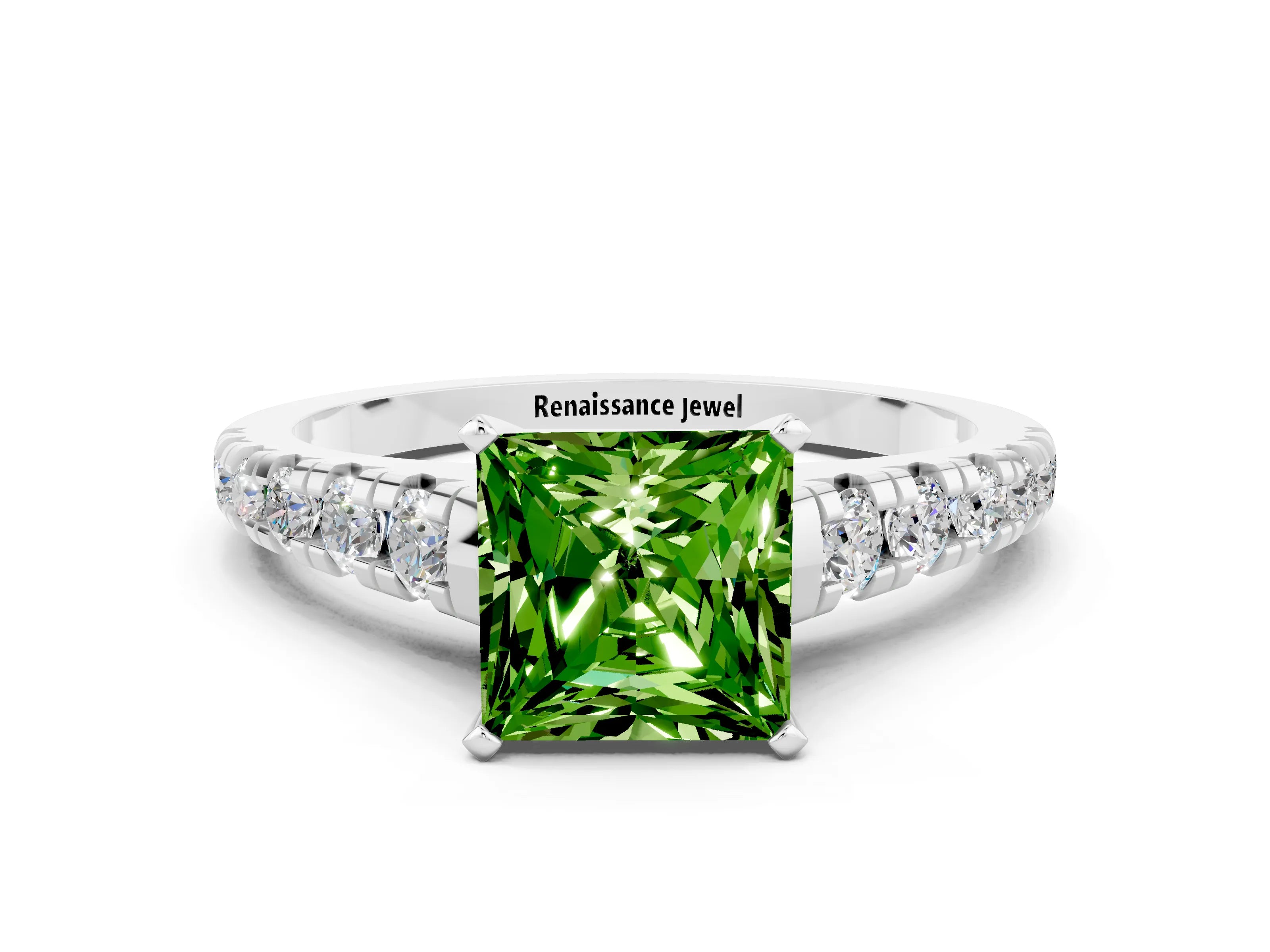 White gold Princess Cut Peridot Solitaire Ring with Cathedral Setting and Pavé Band