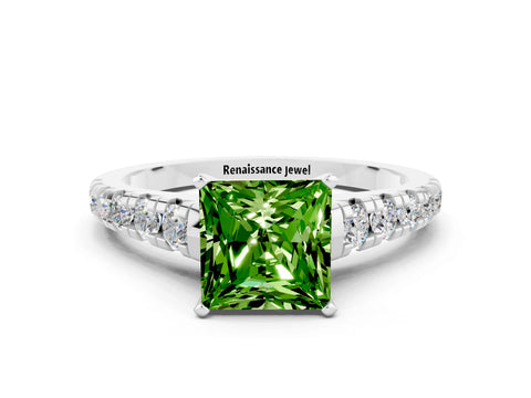 White gold Princess Cut Peridot Solitaire Ring with Cathedral Setting and Pavé Band