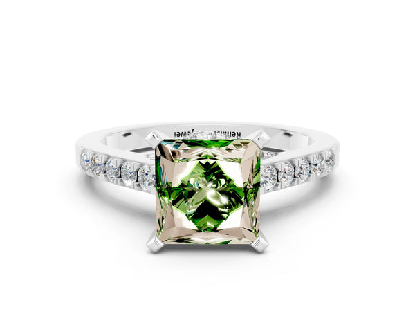Silver Princess Cut Peridot Solitaire Ring with Crossover Gallery and Round  Pavé Band