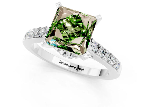 Silver Princess Cut Peridot Solitaire Ring with Crossover Gallery and Round  Pavé Band