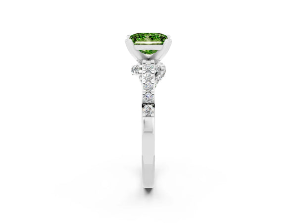 Platinum Princess Cut Peridot Solitaire Ring with Crossover Gallery and Round  Pavé Band