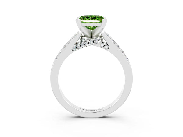 Platinum Princess Cut Peridot Solitaire Ring with Crossover Gallery and Round  Pavé Band