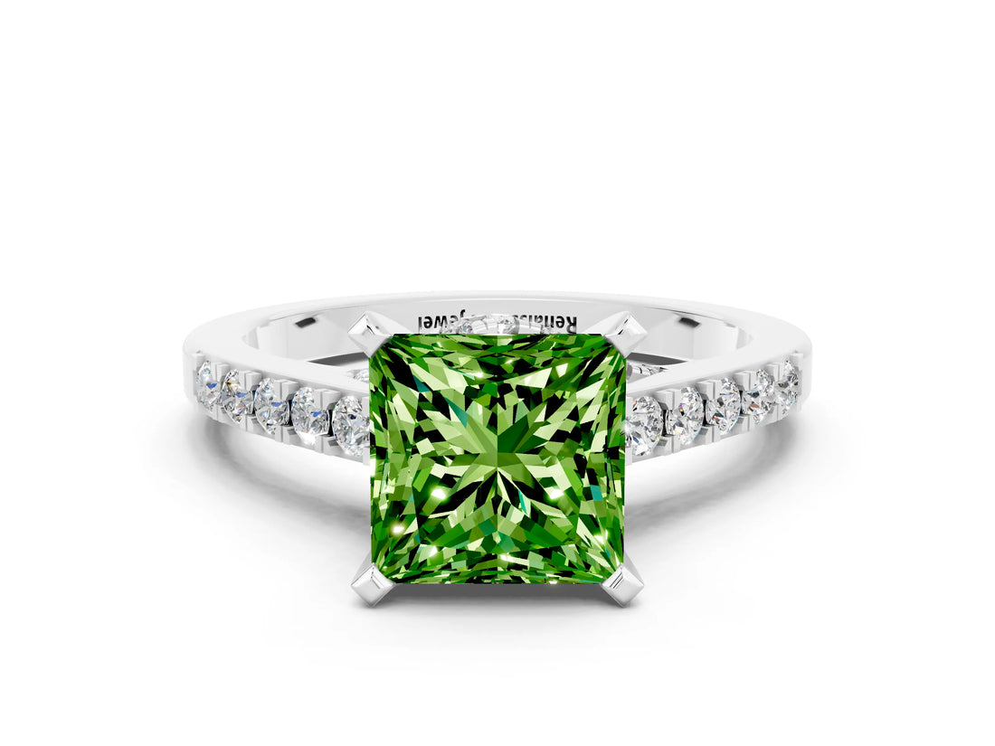 White gold Princess Cut Peridot Solitaire Ring with Crossover Gallery and Round  Pavé Band_36