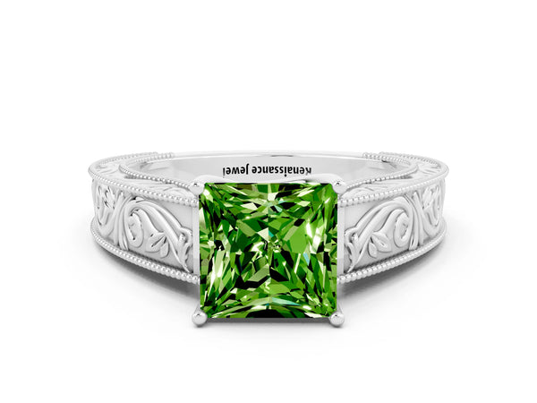 White gold Princess Cut Peridot Solitaire Ring with Engraved Band and Four-Prong Setting