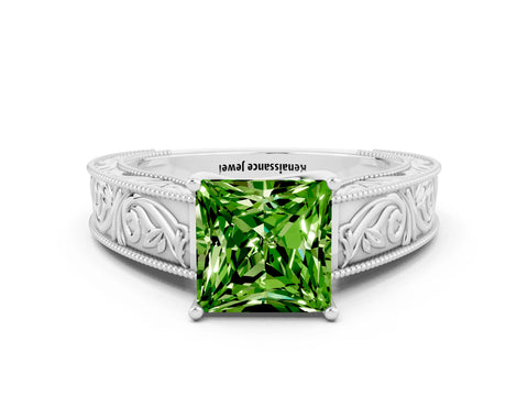 White gold Princess Cut Peridot Solitaire Ring with Engraved Band and Four-Prong Setting