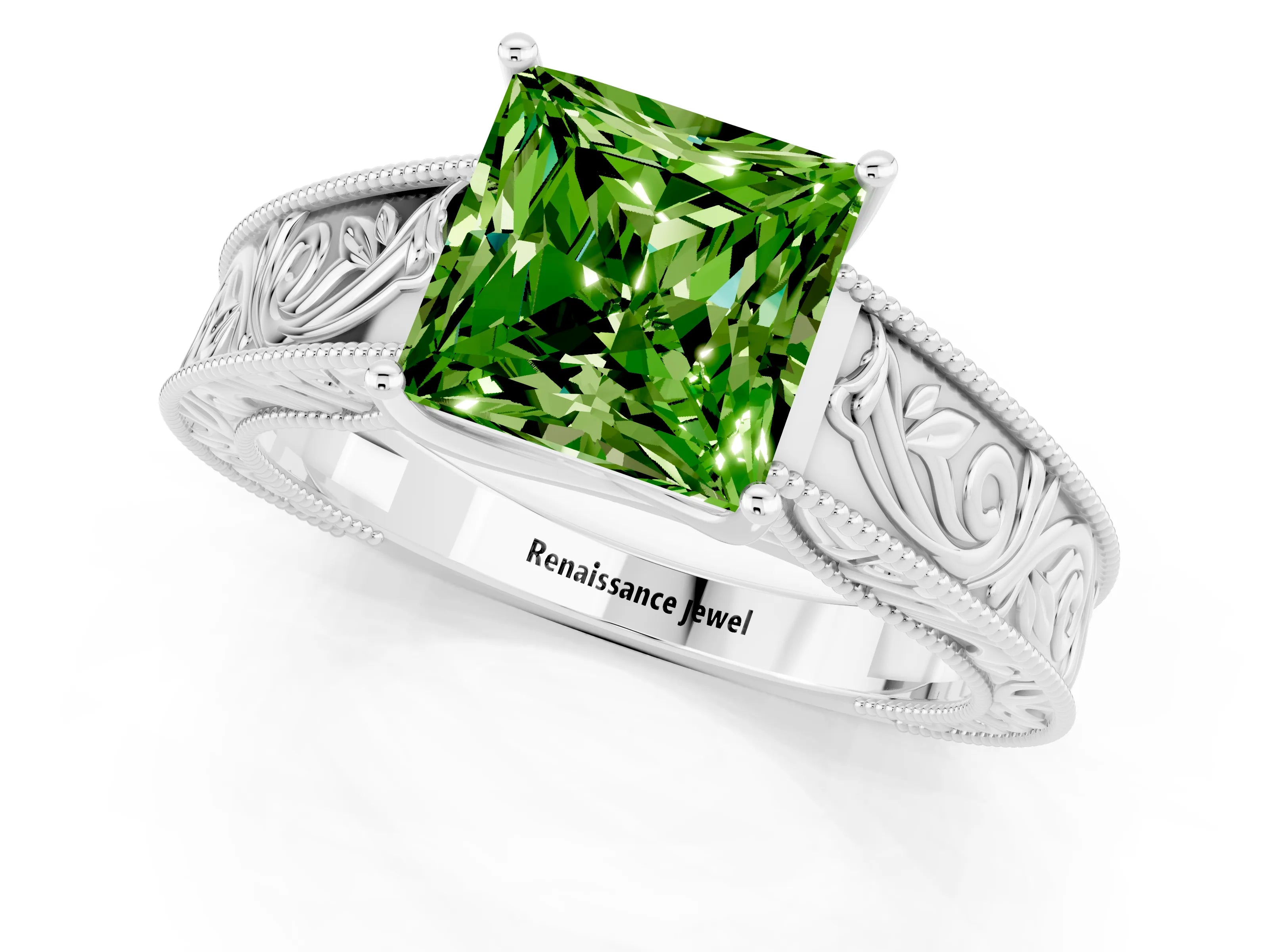 White gold Princess Cut Peridot Solitaire Ring with Engraved Band and Four-Prong Setting_1