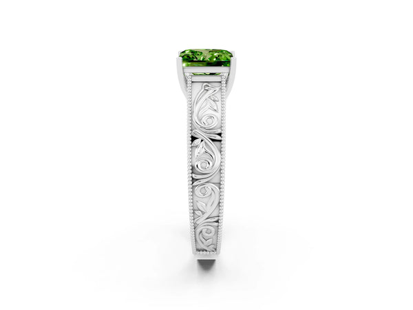 Platinum Princess Cut Peridot Solitaire Ring with Engraved Band and Four-Prong Setting