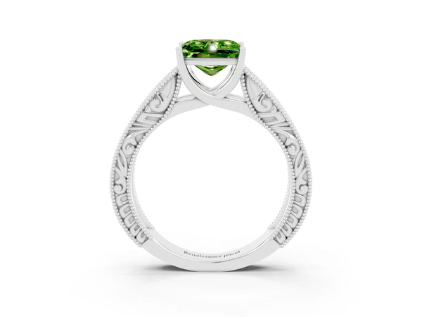 Silver Princess Cut Peridot Solitaire Ring with Engraved Band and Four-Prong Setting
