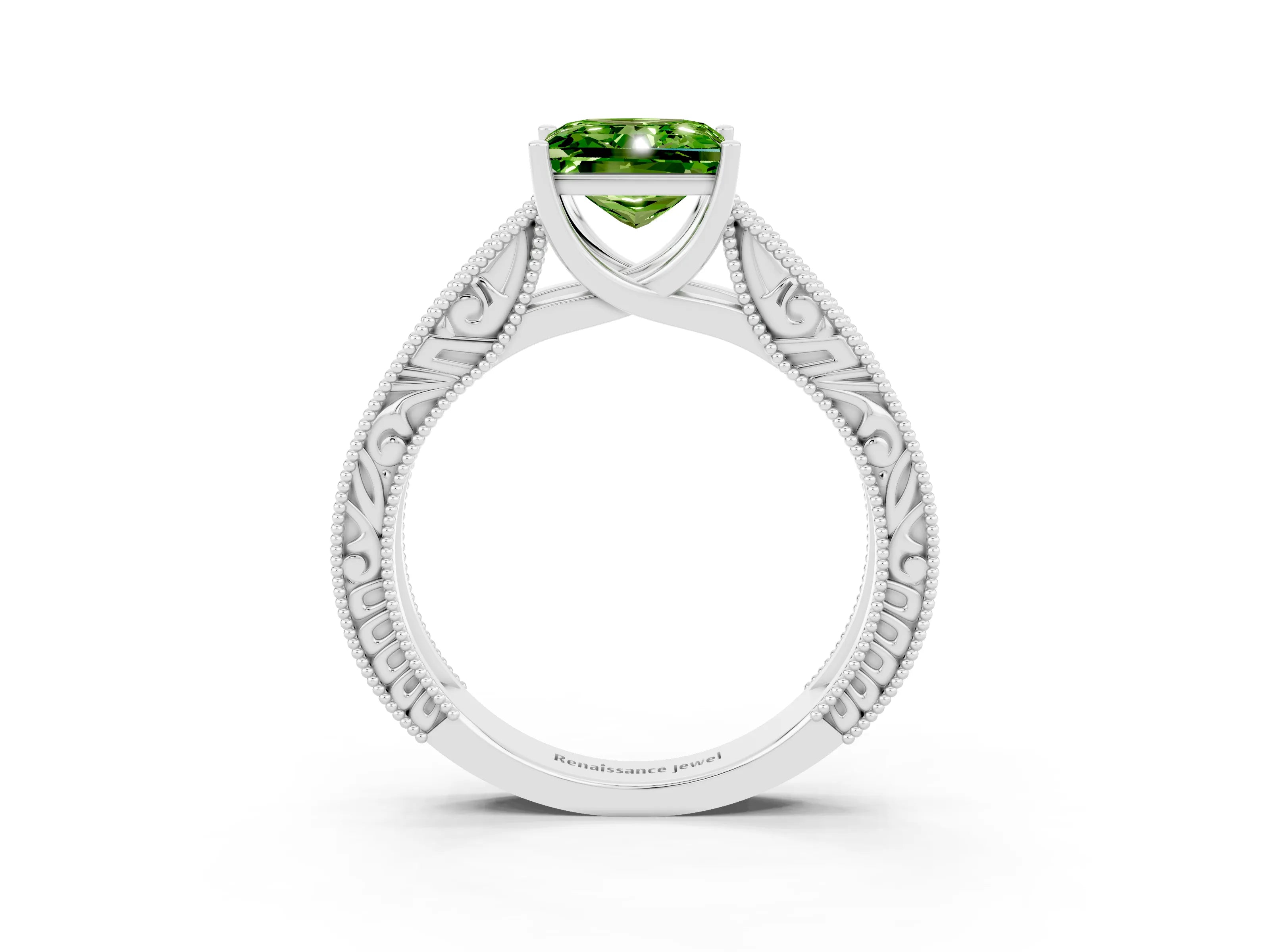 White gold Princess Cut Peridot Solitaire Ring with Engraved Band and Four-Prong Setting_3