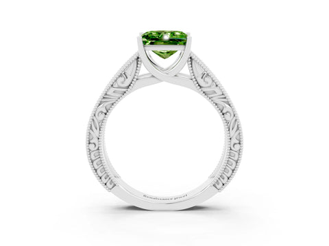 White gold Princess Cut Peridot Solitaire Ring with Engraved Band and Four-Prong Setting_3