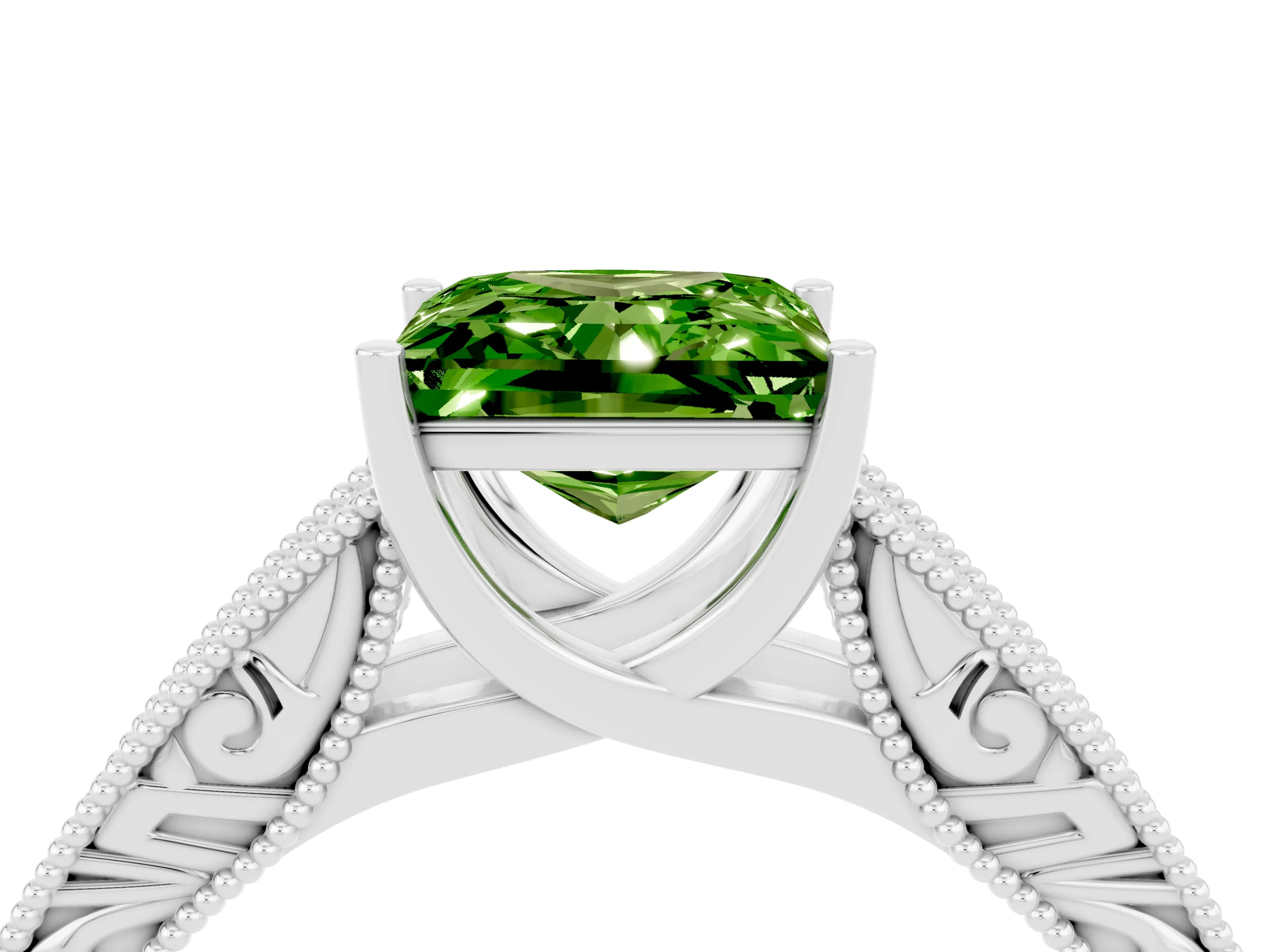 White gold Princess Cut Peridot Solitaire Ring with Engraved Band and Four-Prong Setting_4