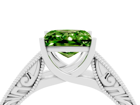 White gold Princess Cut Peridot Solitaire Ring with Engraved Band and Four-Prong Setting_4