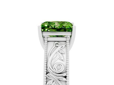 White gold Princess Cut Peridot Solitaire Ring with Engraved Band and Four-Prong Setting_5