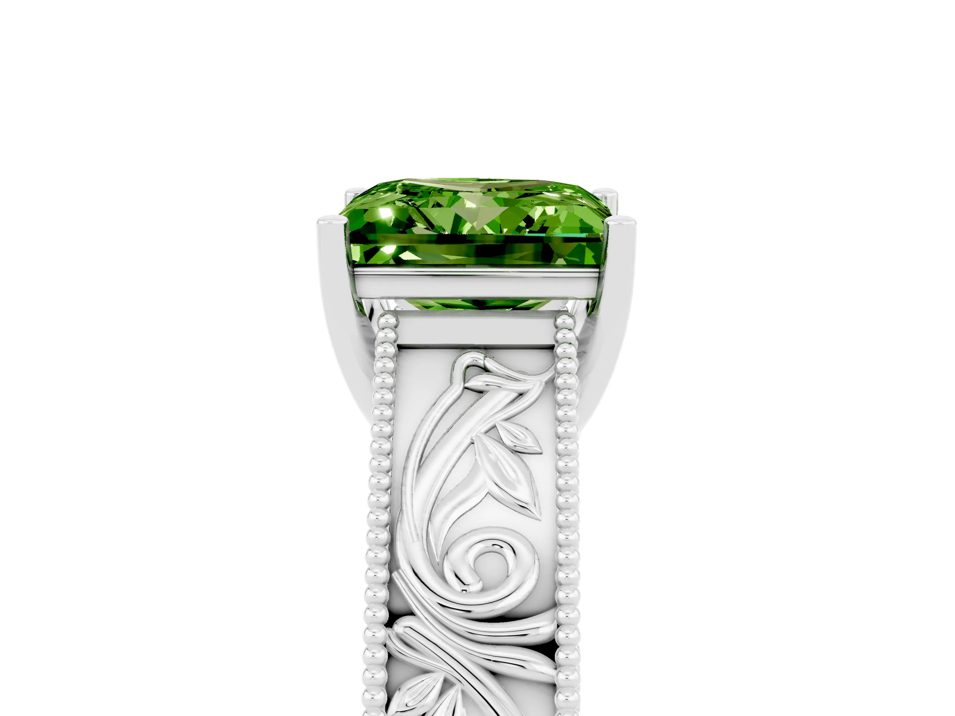 White gold Princess Cut Peridot Solitaire Ring with Engraved Band and Four-Prong Setting_5