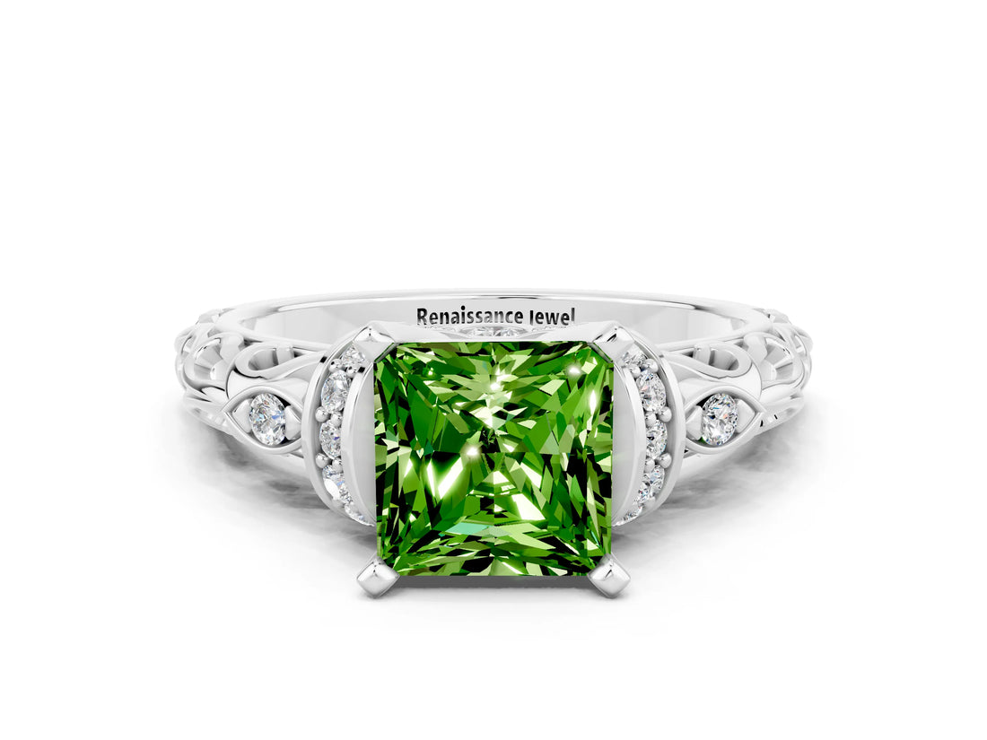 White gold Princess Cut Peridot Solitaire Ring with Filigree Band and Four-Prong Setting_24