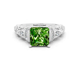 White gold Princess Cut Peridot Solitaire Ring with Filigree Band and Four-Prong Setting_24
