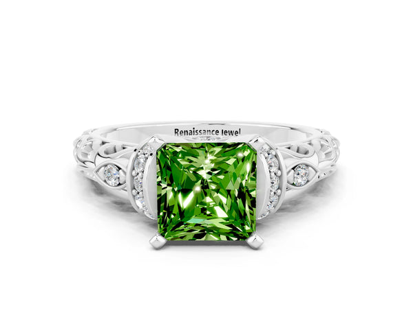 Platinum Princess Cut Peridot Solitaire Ring with Filigree Band and Four-Prong Setting
