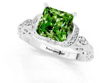 White gold Princess Cut Peridot Solitaire Ring with Filigree Band and Four-Prong Setting_25