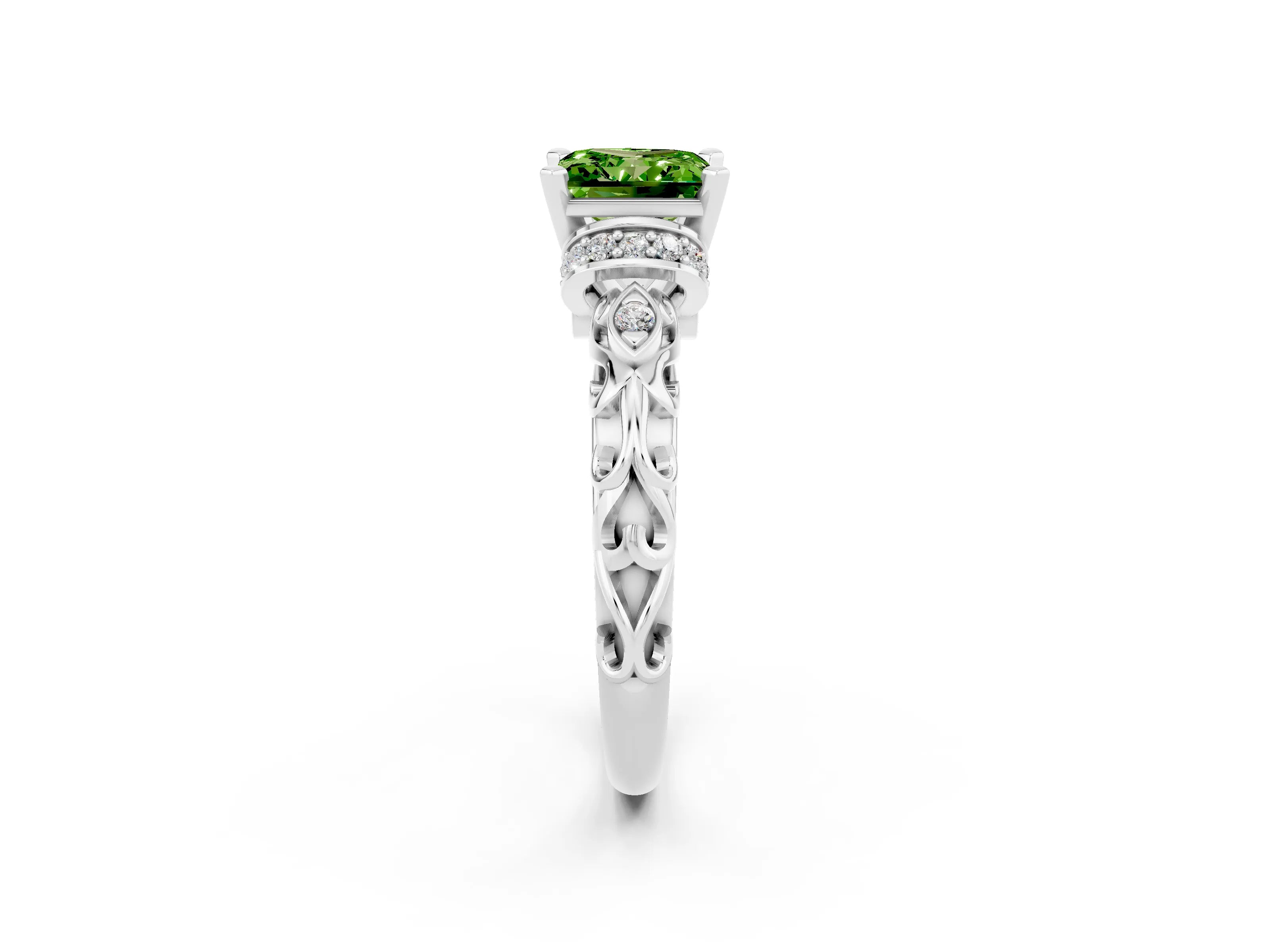 White gold Princess Cut Peridot Solitaire Ring with Filigree Band and Four-Prong Setting_26
