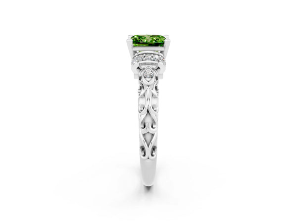 Silver Princess Cut Peridot Solitaire Ring with Filigree Band and Four-Prong Setting