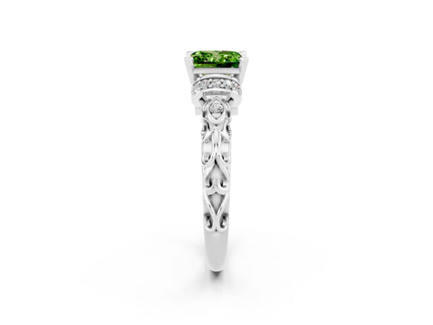 White gold Princess Cut Peridot Solitaire Ring with Filigree Band and Four-Prong Setting_26