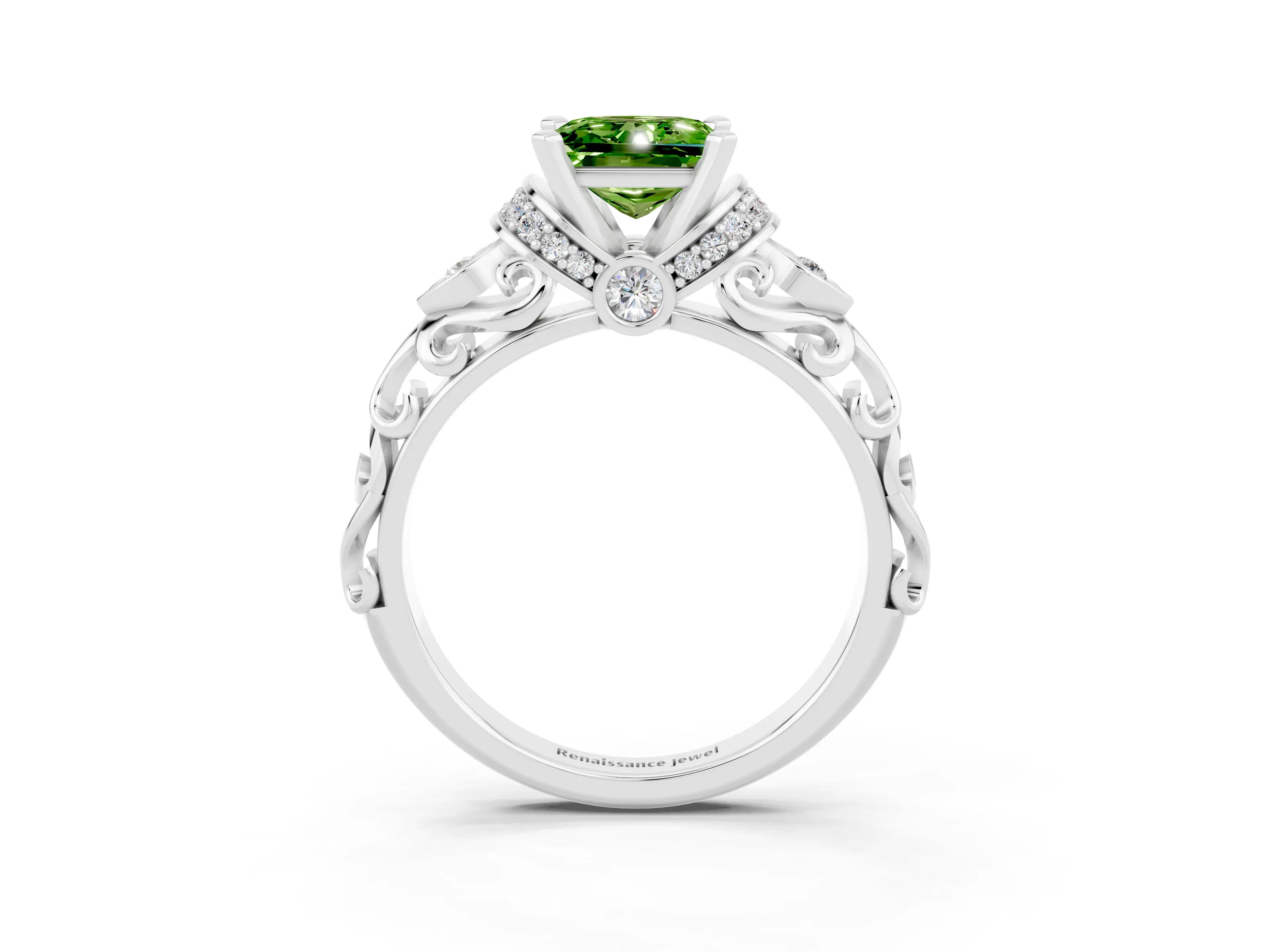 White gold Princess Cut Peridot Solitaire Ring with Filigree Band and Four-Prong Setting_27