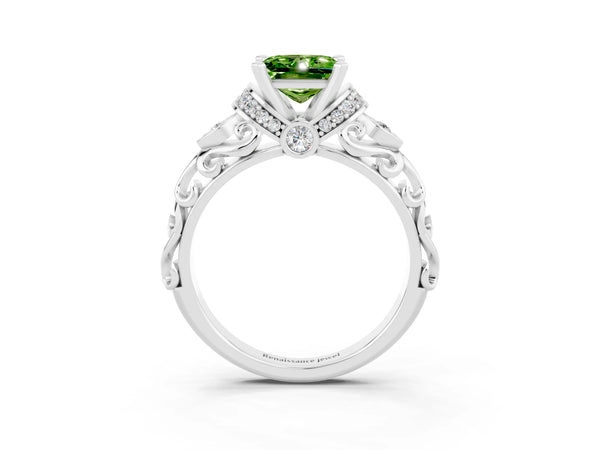 White gold Princess Cut Peridot Solitaire Ring with Filigree Band and Four-Prong Setting