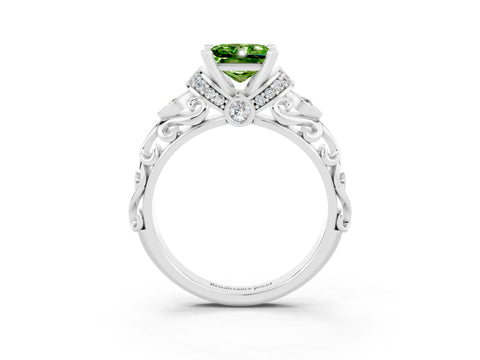 White gold Princess Cut Peridot Solitaire Ring with Filigree Band and Four-Prong Setting_27