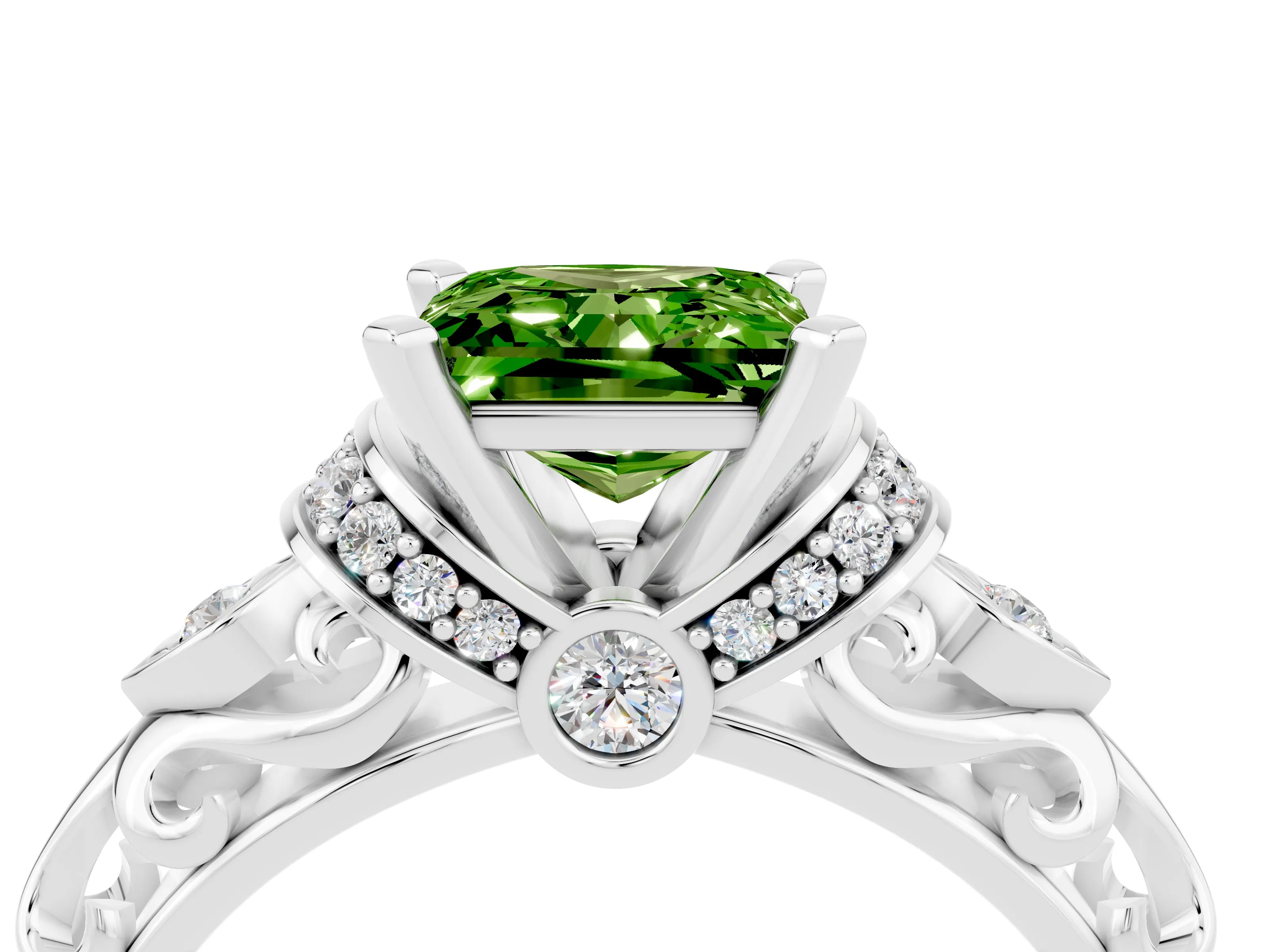White gold Princess Cut Peridot Solitaire Ring with Filigree Band and Four-Prong Setting_28