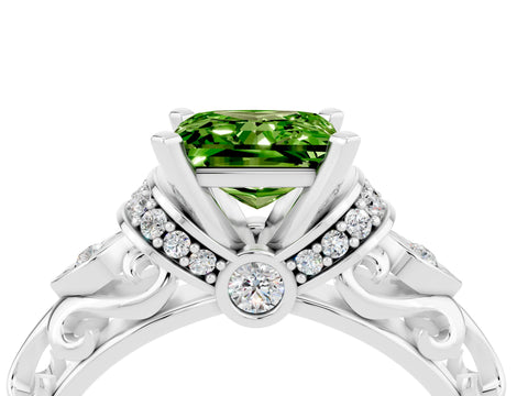 White gold Princess Cut Peridot Solitaire Ring with Filigree Band and Four-Prong Setting_28