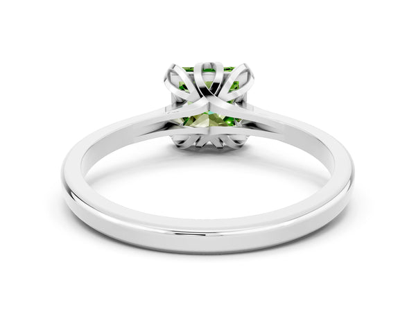 Platinum Princess Cut Peridot Solitaire Ring with Flower Prong Setting and Classic Band