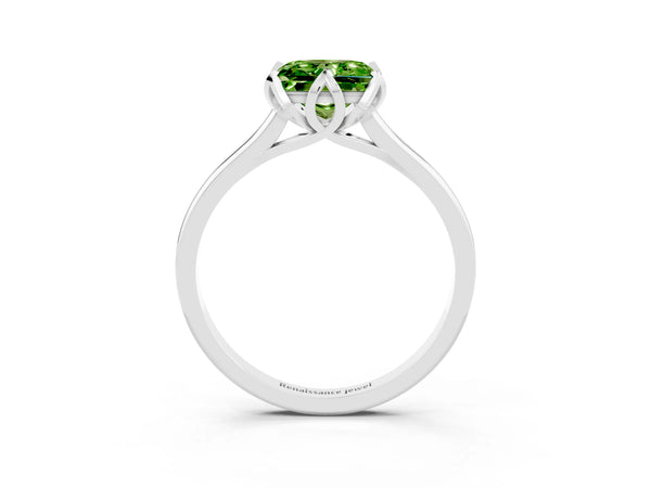Silver Princess Cut Peridot Solitaire Ring with Flower Prong Setting and Classic Band