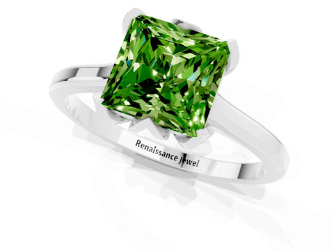 White gold Princess Cut Peridot Solitaire Ring with Flower Prong Setting and Classic Band_25