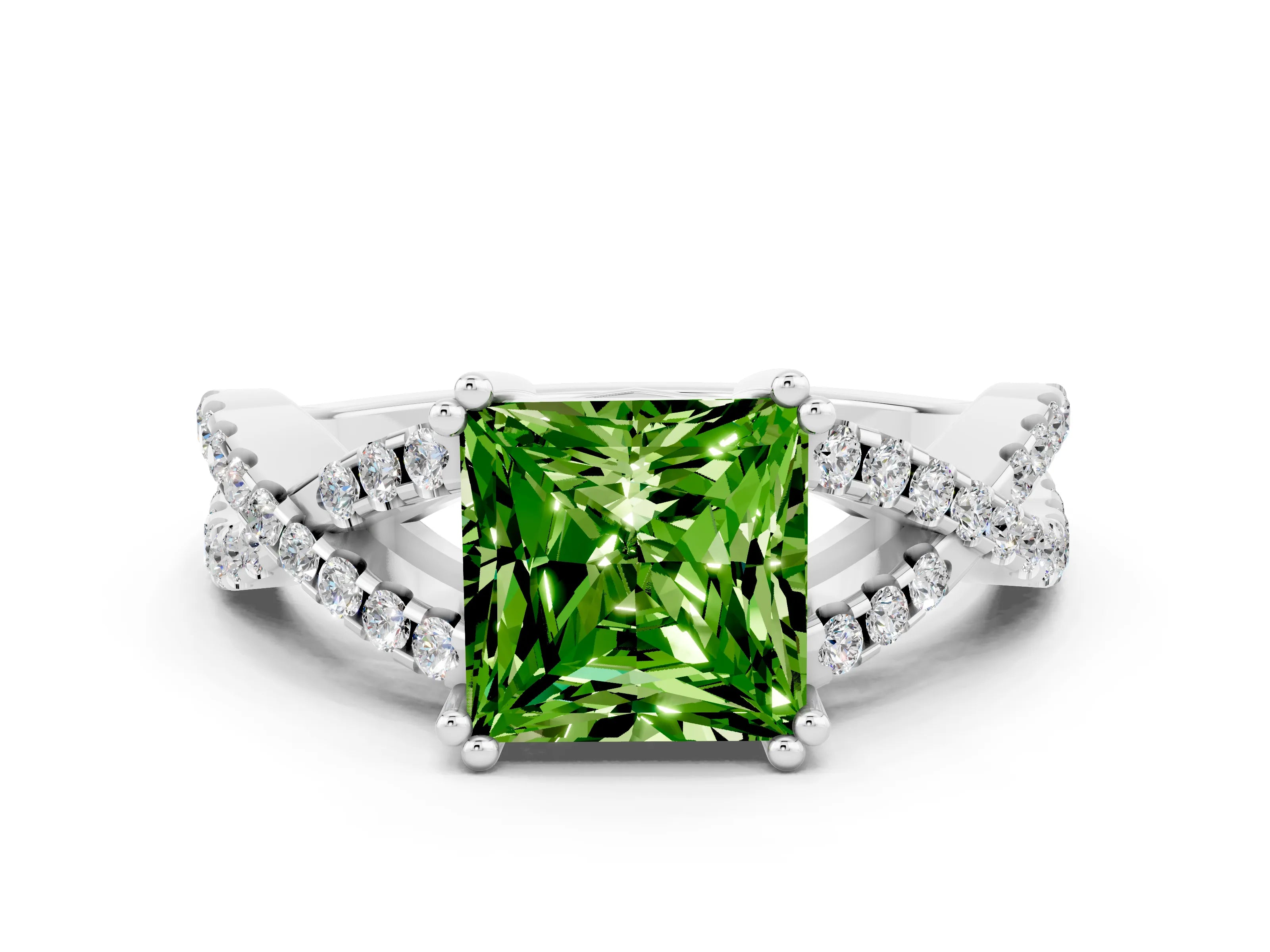 White gold Princess Cut Peridot Solitaire Ring with Four-Prong Setting and Twisted Pavé Band